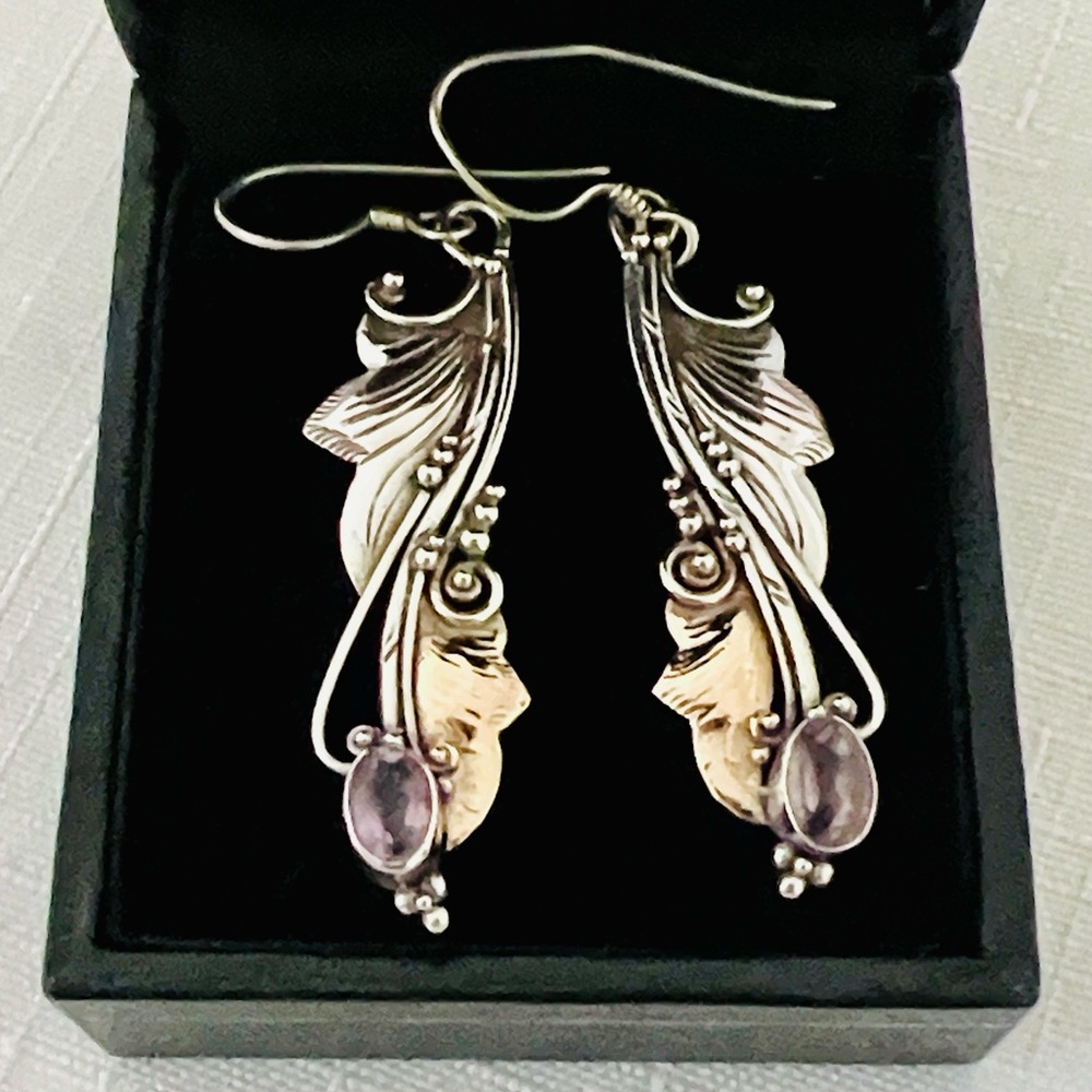 Elegant Sterling Silver and Gold Leaf Earrings - Picture 10 of 10
